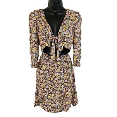Mini Vestido Bebop Estampado Floral Corbata Frontal Corte Azul Marino Amarillo Mujer M Foto 1 de 4