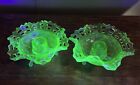 2 Fenton Green Basket Weave Uranium Glass Candle Holders Dishes
