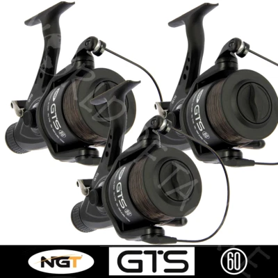 3 x NGT Carp Fishing Reel GTS 60 Bait Runner Freespool with 15lb Line Matt Black