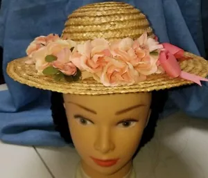 CAPPELLO bambina basso coronato paglia naturale 1840-1860 nastro pesca e rose - Foto 1 di 5