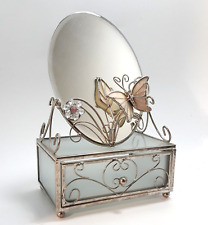 Frosted Glass Trinket Box Jewelry Drawer with Mirror Butterfly Flower Gold Color