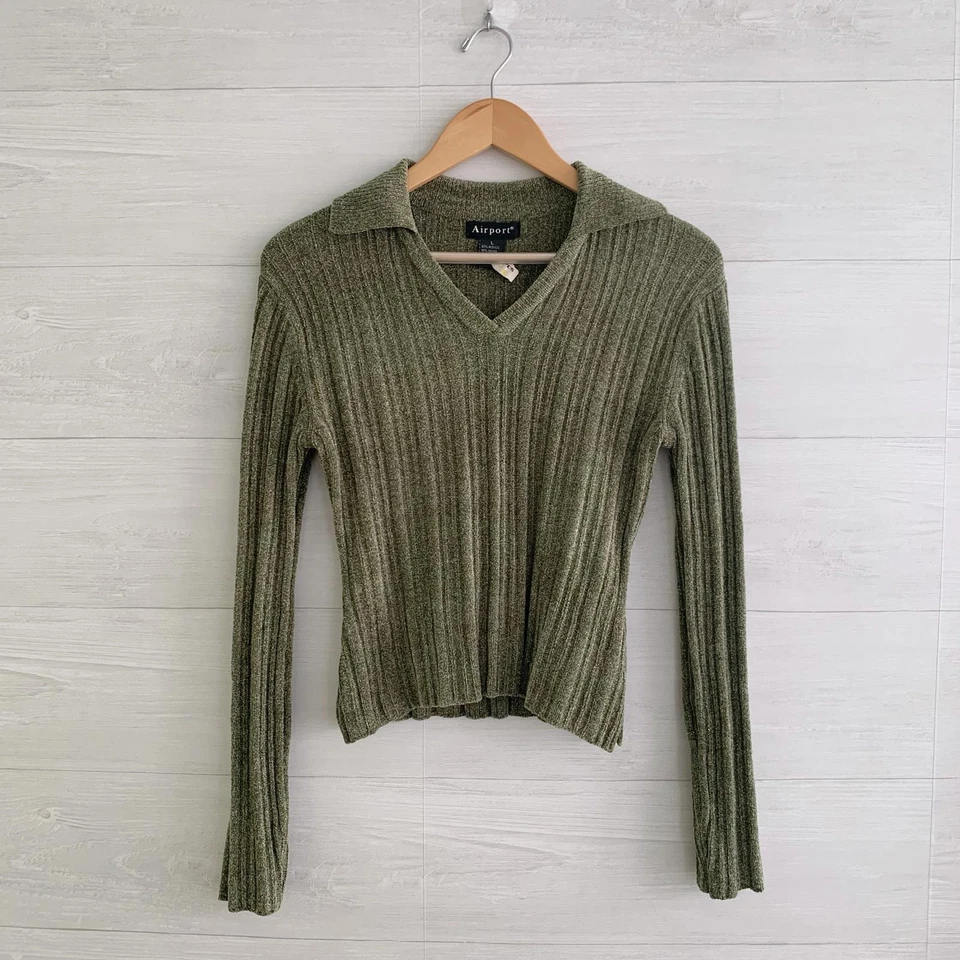 Vintage 90s Y2K NWT Airport Kohl’s green ribbed chenille polo v-neck sweater L - Image 1 of 4