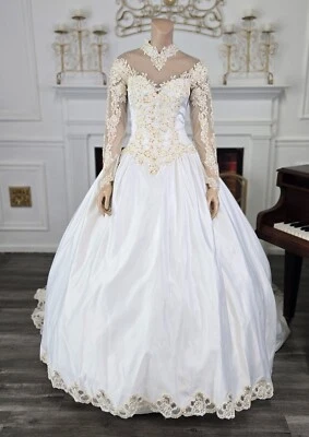 Alfred Angelo Vintage 80s 90s White Satin Long Sleeve Wedding Dress sz 10 - Image 1 of 4