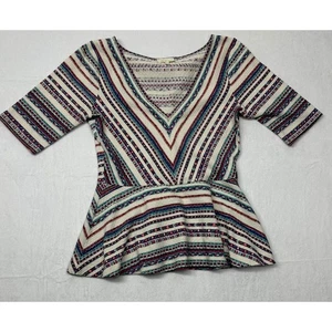 MDeletta Anthropologie Striped Peplum Top Bohemian V Neck Size  Med. - Picture 1 of 5