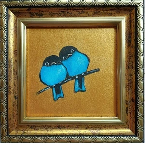 Pintura Pájaro Azul Pareja Pájaros Marco Dorado Pequeño Pintado a Mano Arte Original - Imagen 1 de 10