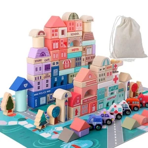 Wooden Building Blocks Set, City Construction Stacker Stacking Preschool Lear... - Picture 1 of 9