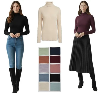 Ladies Marks Ribbed Jumper Polo Roll Neck Long Sleeved Black Pink Fitted Sweater - Image 1 of 4