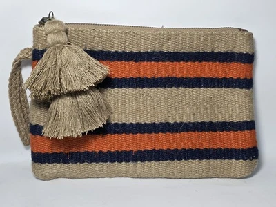 Bolso sin asas J. Jill Boho Beach Resort naranja/azul a rayas borla cremallera arpillera de yute Foto 1 de 4