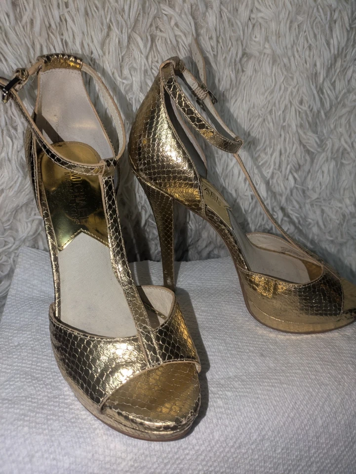 Michael Kors Women's Brenna Metallic Gold High Heel Sandals Size 8M US - Image 1 of 4