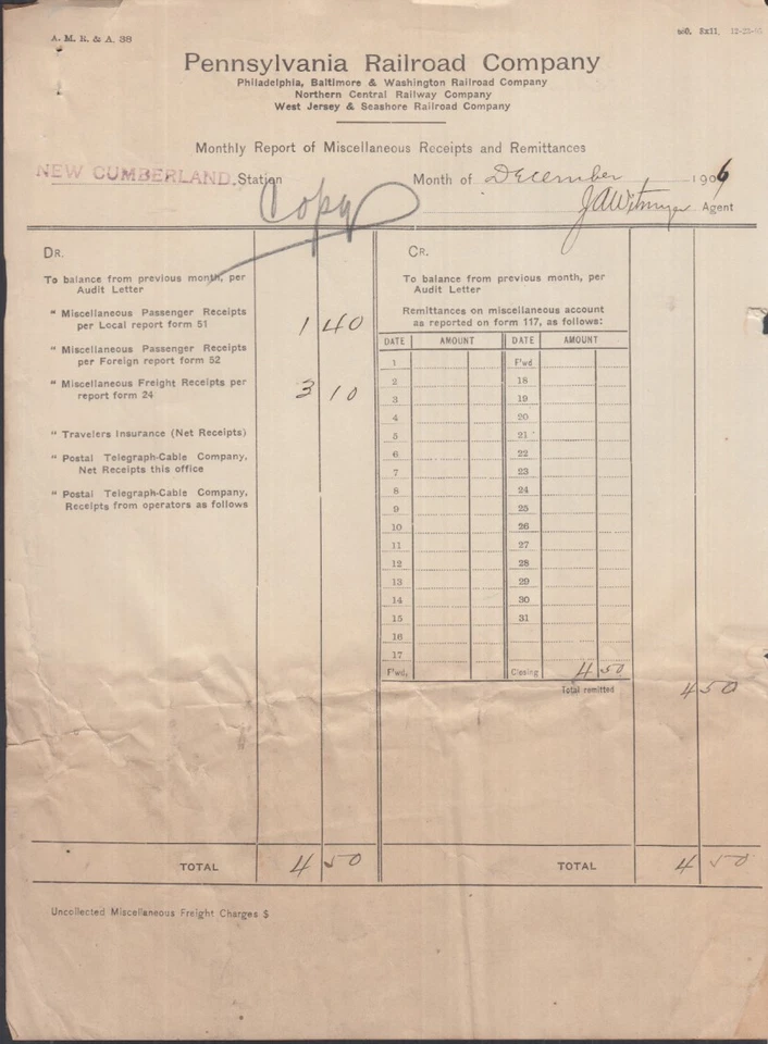 Pennsylvania RR Miscellaneous Receipts & Remittances Monthly Report 12 1906 - Image 1 of 1