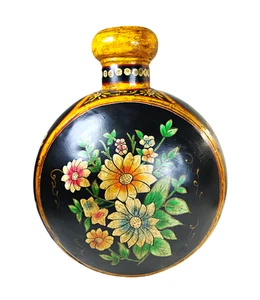 Vintage Hand Hammered Metal Indo-Raj Water Jug - Painted Black-Floral - Picture 1 of 6