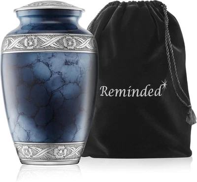 Urna conmemorativa de cremación recordada para cenizas humanas, plateada y azul adulto  Foto 1 de 4