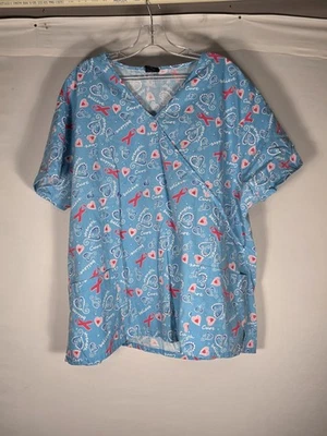 Medgear Scrub Top 3XL Blue Breast Cancer Awareness Ribbon Hearts Print Nursing - Image 1 of 3