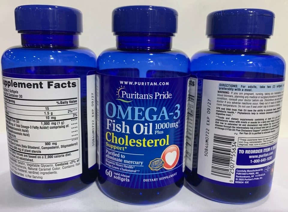 3 x Puritan's Pride Omega-3 aceite de pescado más soporte para colesterol - 60 cápsulas blandas Foto 1 de 1