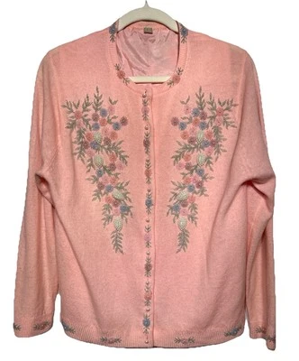 Cardigã suéter vintage anos 50 floral com miçangas rosa pérola falsa Reino Unido tamanho 40 (10-12 EUA) EXCELENTE ESTADO USADO - Imagem 1 de 4