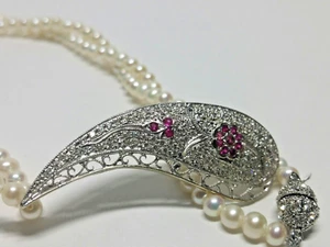 14k White Gold Natural Pave Diamonds, 3.5mm Pearl and Ruby Necklace Pendant - Picture 1 of 11