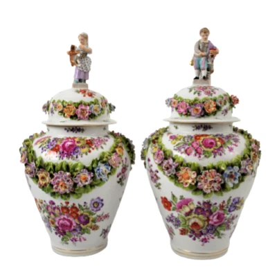 Paris Porcelain Meissen Style Pair Vases Lidded Floral Encrusted Child Finials - Image 1 of 4