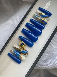 🔥CUSTOM Gel Press On False Nails BLUE w GOLD FLAKES CHARM, 10p Set W Kit New - Picture 1 of 11