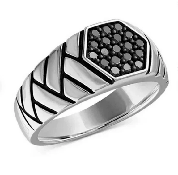 Jet Black Round Cut 0.30CT Onyx In 10K White Gold Geometric Men's Band - Image 1 of 4