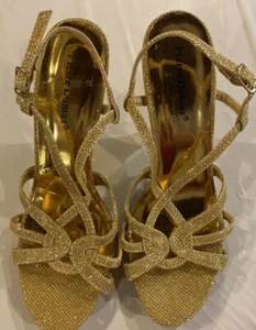 Gold Glittery Sparkly Strapped Heels 7.5 Gold Party Club Holiday Pierre Dumas - Picture 1 of 5