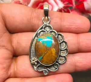 Tibetan Turquoise Gemstone Handmade 925 Sterling Silver Jewelry Pendant 1.75" - Picture 1 of 3