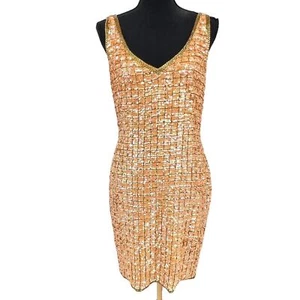 Vintage A.J. Bari Seide Cocktail Pfirsich Gold Perlen Pailletten Kleid 8 - Bild 1 von 7