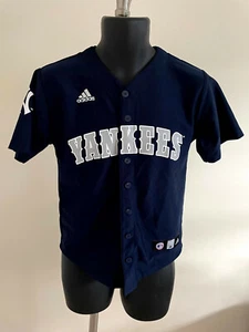 Vintage Adidas Boys Blue MLB New York Yankees Button Up T-Shirt Size M (10-12) - Picture 1 of 4