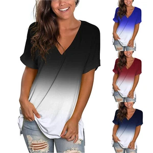 Womens Ladies Short Sleeve Gradient Print T-shirt Loose Blouse Tops Plus Sizes - Picture 1 of 25