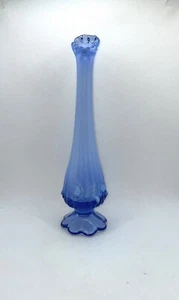 Fenton Vintage Periwinkle Blue Swung Glass 10" Bud Vase Cabbage Rose Pattern - Picture 1 of 7