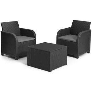 Keter Rosalie 2 Seater Rattan Balcony Storage Table Set with Cushions Black/Grey - Picture 1 of 7