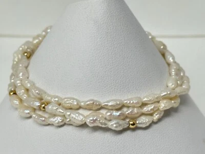 Brazalete de perlas de arroz blanco genuino RTI de tres hilos firmado en oro amarillo de 14K 7" Foto 1 de 4