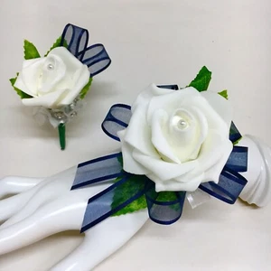 White Rose on Navy Blue Wrist Corsage & Boutonniere Combo - Picture 1 of 1