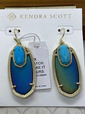 Kendra Scott Emmy Earrings Matte Galaxy Glass Turquoise Blue Magnesite Gold Tone - Image 1 of 4