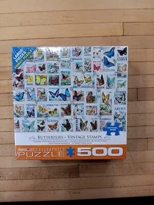 蝴蝶老式邮票拼图 500 件 - 全新,大件 19x26 — 第 1/4 张图片