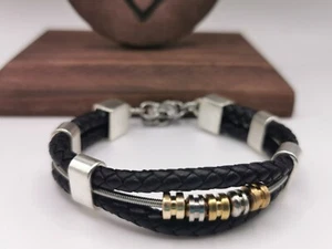 Guitar String & Braided Leather Bracelet Biker Metal Musician Gift - Picture 1 of 5