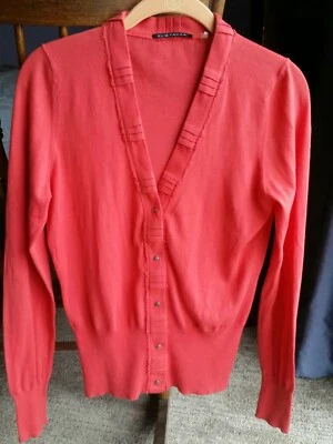 Cárdigan Elie Tahari Rojo Naranja Salmón Borde Crudo Ligero Botón Pequeño S Foto 1 de 4