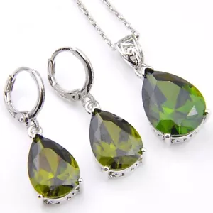 Classical Water Drop Jewelry Set Green Peridot Silver Dangle Earrings Pendants - Picture 1 of 6