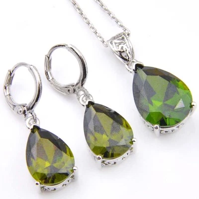 Classical Water Drop Jewelry Set Green Peridot Silver Dangle Earrings Pendants - Image 1 of 4