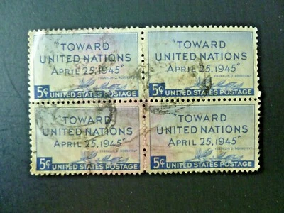 1945 $.05 #928 Toward United Nations Issue Block of 4 Used - See Description - Image 1 of 2