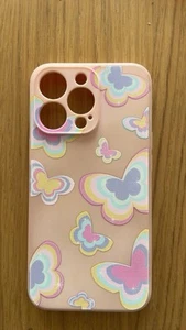 Coque iPhone 13 Pro rose avec papillons arc-en-ciel - Afbeelding 1 van 2