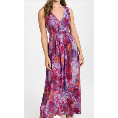 Maxi Vestido Vivienne Tam Mezcla Seda Diseñador Acuarela Floral Plisado Corbata Cintura 4 Foto 1 de 4