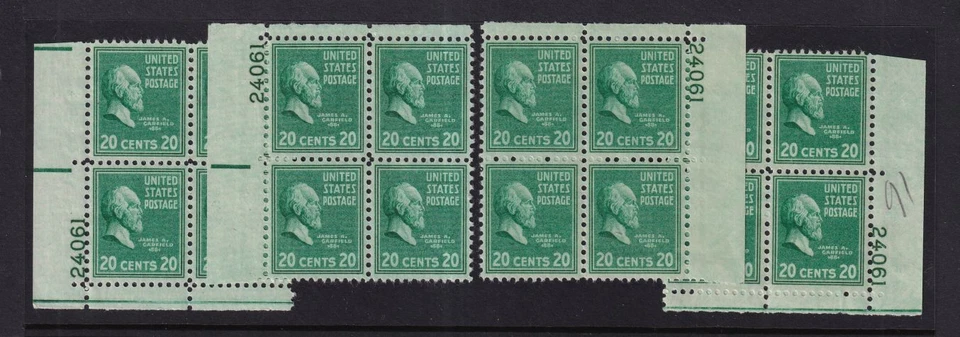 1938 PREXY Garfield Sc 825 20c MNH 4 matched plate blocks Durland CV 24 (E - Image 1 of 1