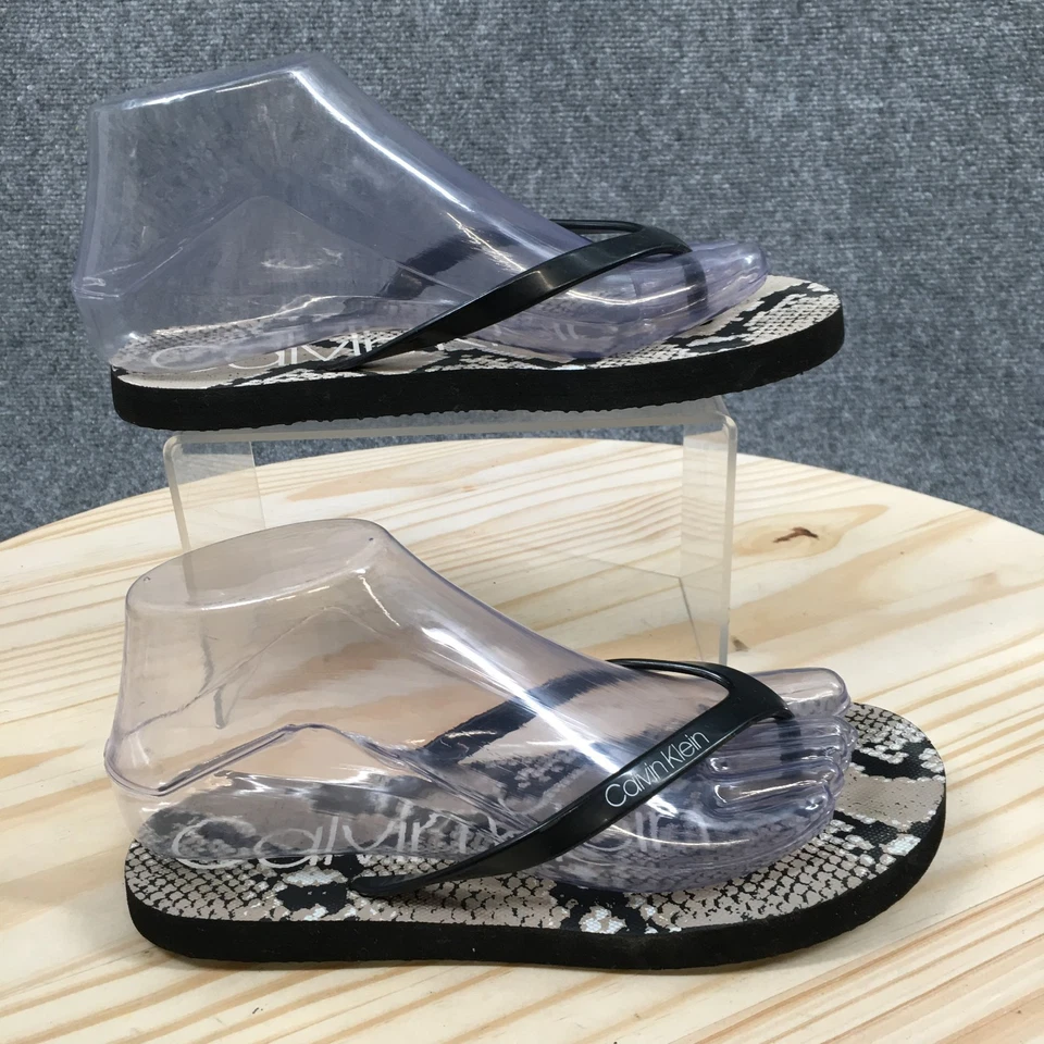 Calvin Klein Sandals Womens 6 Sanica Snake Print Slip On Flip Flops Black Gray - Image 1 of 4