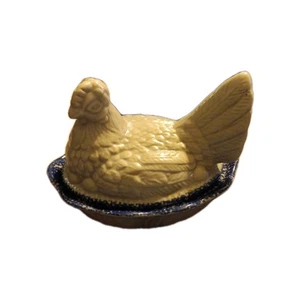Nesting Hen Blue Sponge Ware Trim Grey GLAZED Pottery Chicken on Nest Bowl Lid - Picture 1 of 6
