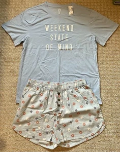Large PJ Place Women's Sleep Set Shorts & T Shirt Baby Blue Coffee & Donuts NWT - Picture 1 of 10
