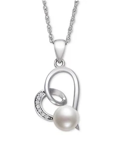 925 Sterling Silver 6mm Freshwater Cultured Pearl Cubic Zirconia Heart BBZ-5 - Picture 1 of 3