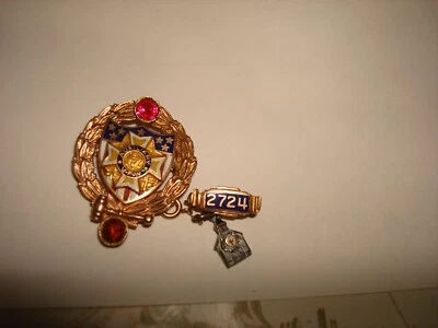 Broche prendedor vintage auxiliar VFW veterano de guerra extranjera mazo piedras esmalte oro 10k Foto 1 de 4