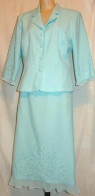 Beautiful! Missy 10 poly Samantha Rose 2 pc blue skirt 3/4 jacket suit embrdy XC - Изображение 1 из 4