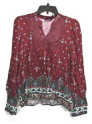 Blu Pepper Womens Burgundy Boho Print Long Sleeve V Neck Casual Tunic Top S - Photo 1/4