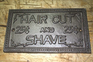 Cast Iron HAIR CUT & SHAVE 25 CENTS Barber Sign Wall Plaque Man Cave Home Decor - Picture 1 of 1